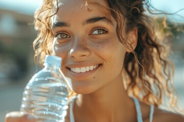 Poster - A woman with curly hair is smiling and holding a bottle of water