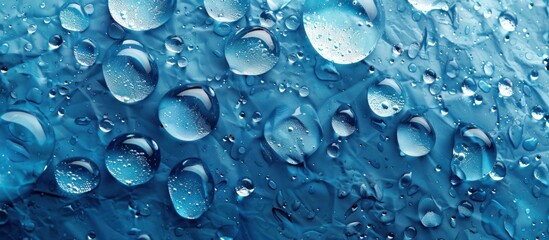 Poster - Clear water droplets rest on a vibrant blue surface, creating a striking visual contrast.