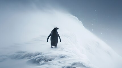 Poster - Lone penguin standing on a snowy hill against a pale blue sky. Minimalist wildlife photography. Perfect for nature themes and wallpapers. AI