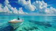 Closeup modern boat in tropical blue water with view to the sea