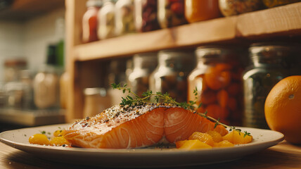 Wall Mural - A plated salmon dish with herbs and oranges