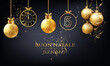 biglietto o cerchietto per augurare un Buon Natale e Felice Anno Nuovo 2025 in oro e nero composto da palline di Natale e un orologio su sfondo nero con glitter