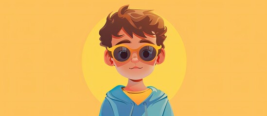 Sticker - A cartoon boy with sunglasses and a blue hoodie standing in front of a yellow background, showcasing trendy eyewear and a confident smile