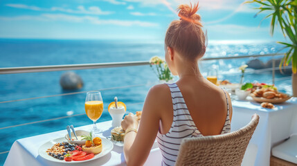 Rear view of a young woman enjoying breakfast on the terrace of the tropical hotel resort against blue ocean or sea and clean sky background with space for copy