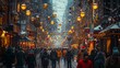 City Escapades: Showcase bustling city streets with holiday shoppers, street performers, and festive decorations, capturing urban holiday vibes.