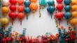 A white background adorned with colorful Basant decorations, such as ribbons, flowers, and paper lanterns