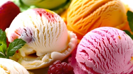 Canvas Print - Colorful Assortment of Ice Cream Scoops with Fresh Berries - Perfect Refreshing Dessert for Summer. Delicious Treats Close-Up. AI