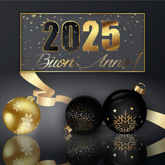 Wall Mural - biglietto o striscione per augurare un felice anno nuovo 2025 in oro e nero in un rettangolo dorato con coriandoli dorati su uno sfondo grigio sfumato con palline di Natale dorate e nere