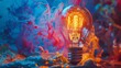 Close-up of a lightbulb as it illuminates, igniting an explosion of vibrant paint, symbolizing a eureka moment in 4K clarity