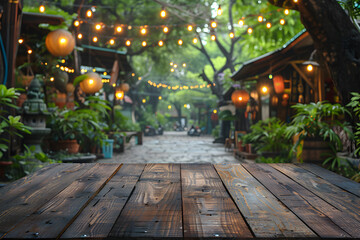 Wall Mural - Empty wood table with blured street food market background with copy space