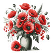 A bouquet of poppies in a vase on a white, isolated background. Vector illustration.