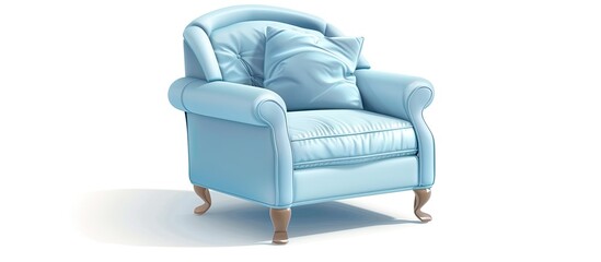 Poster - A comfortable club chair in electric blue with a pillow is placed on a white hardwood floor. The chair adds a pop of color to the rooms neutral color scheme