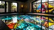 Indoor swimming pool with stained glass in the room and pool