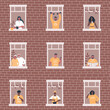 People at the window in brown house. Black and white people. Neighbors. Stay at home concept. Vector illustration