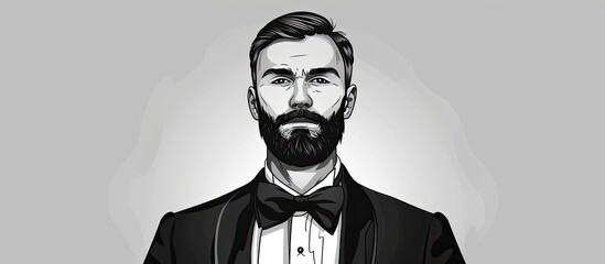 Wall Mural - The man has a neatly trimmed beard and is dressed in a tuxedo with a bow tie. His jawline is accentuated by the collar of his dress shirt, and his sleeve extends elegantly as he gestures