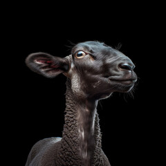 Wall Mural - Lamb portrait of an adorable, almost black young wooly lamb on black background.