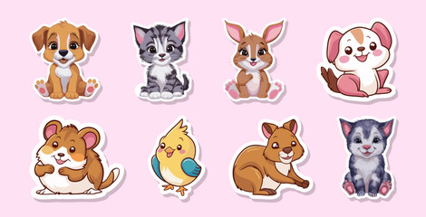 Canvas Print - Set of different cute baby animal stickers vector illustrations. Generative AI