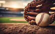 © julien.habis - A baseball and glove on the field, symbolizing America's pastime and teamwork, with a defocused ballpark in the background