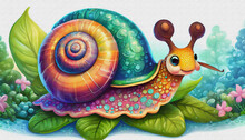 OIL PAINTING STYLE CARTOON CHARACTER CUTE Baby Happy Snail With Colorful Shell Isolated On White Background