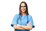 Fototapeta Na drzwi - Young nurse caucasian woman over isolated background keeping the arms crossed in frontal position