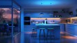 kitchen space with a vibrant ambiance using strategically placed neon light strips, creating a dynamic and futuristic atmosphere.