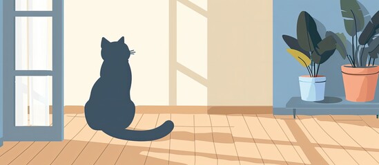 A Felidae cat is perched on the hardwood floor of a living room, gazing out of the window with its whiskers twitching. Small to mediumsized cats are known for their carnivorous nature