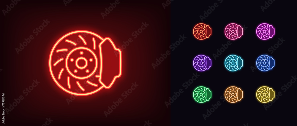 Outline neon car brakes icon set. Glowing neon disc brake with disk pad ...