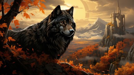 Wall Mural - wolf howling at sunset