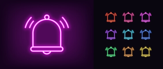 Poster - Outline neon ringing bell icon set. Glowing neon bell sign with sound waves. Mobile app notice, new message notification, reminder bell, alarm, sound alert and subscription notification. Vector icons