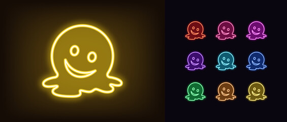 Wall Mural - Outline neon melting emoji icon set. Glowing neon melting emoticon sign with smile. Sarcasm face, flow down emoji, shame and exhaustion emoticon, melt down smiling face, weird mood. Vector icon set