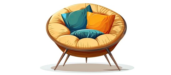 Sticker - An artistic cartoon illustration of a club chair with pillows on it. The chair is made of wood, has armrests, a rectangular shape, and is colored in electric blue. Perfect for outdoor comfort