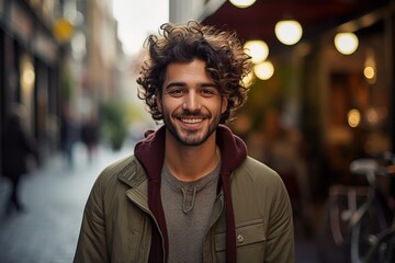 A man with curly hair is smiling and wearing a green jacket