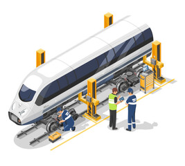 electric train maintenance concept vector engineer and mechanic work together in garage station isom