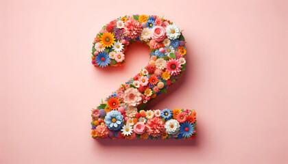 Wall Mural - Colorful floral number two on a pink background, perfect for second birthdays or anniversaries.