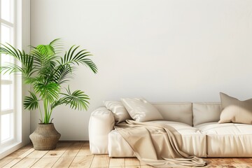 Wall Mural - Bright and cozy modern spring living room interior have sofa and plant with white wall