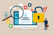 © Vadym - Online Information Hacking. Computer screen with Blocked Account on Screen. Hacking and exploit results. Flat vector Illustration.