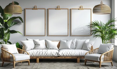 Mock up poster, interior composition, sofa, wood chair, flower and white poster,