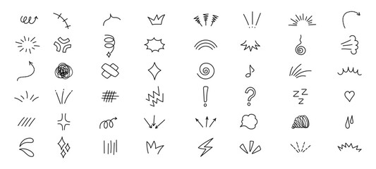 Poster - Elements of Japanese manga comic expressions. Doodle drawing of sun rays. Lines hand drawn arrows, wind lightning, flashes. Vector illustration.