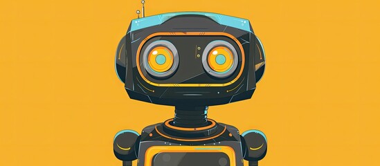 Poster - A black robot with yellow eyes stands on a yellow background, showcasing its sleek design. The contrast between the colors highlights the robots unique features