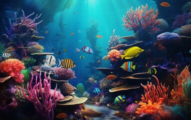 Wall Mural - Small canyon underwater carved by the swell into the fore reef with sunlight through water surface