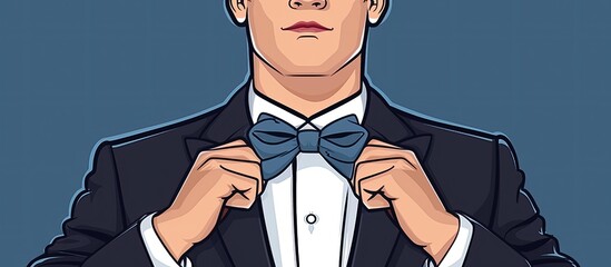 Poster - A man in formal wear, adjusting his electric blue bow tie with a swift gesture. His thumb carefully tucks the tie under his collar, as his eyewear reflects his attention to detail