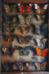 Poster - A wooden box filled with vibrant colored butterflies. Ideal for nature and wildlife concepts