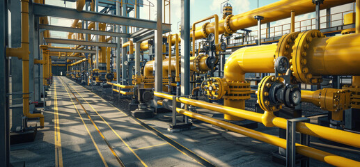 Poster - A cluster of yellow pipes in a building. Ideal for industrial concepts