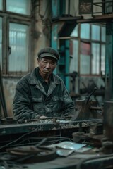 Aufkleber - A man working on a piece of metal in a factory, suitable for industrial concepts