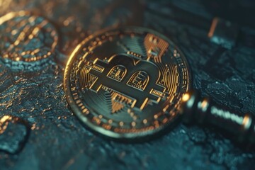 Poster - Detailed close up of a bitcoin with a magnifying glass. Ideal for financial concepts