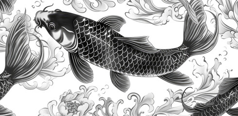 Wall Mural - Detailed black and white illustration of a fish. Suitable for educational materials or artistic projects