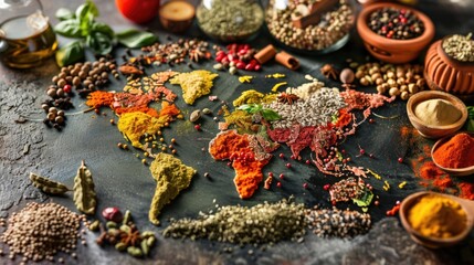 Aufkleber - A unique world map surrounded by various spices, perfect for culinary or travel concepts