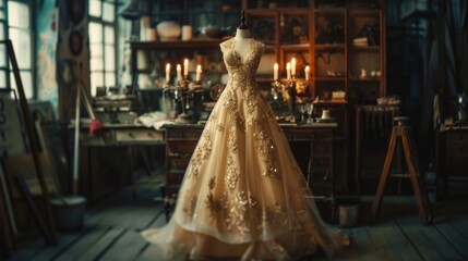 Poster - A dress displayed on a mannequin in a room. Suitable for fashion design projects