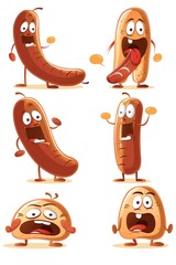 Poster - Group of cartoon hot dogs with various expressions, perfect for food-related designs