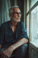 Aufkleber - An older man wearing glasses sitting by a window. Suitable for various concepts and themes